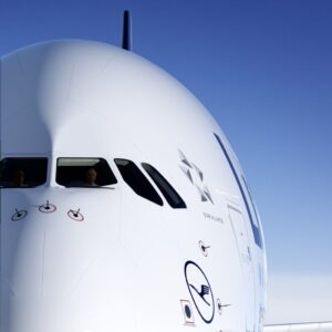 Cockpit of A380 air-to-air. Front view: Cockpit of A380 air-to-air.